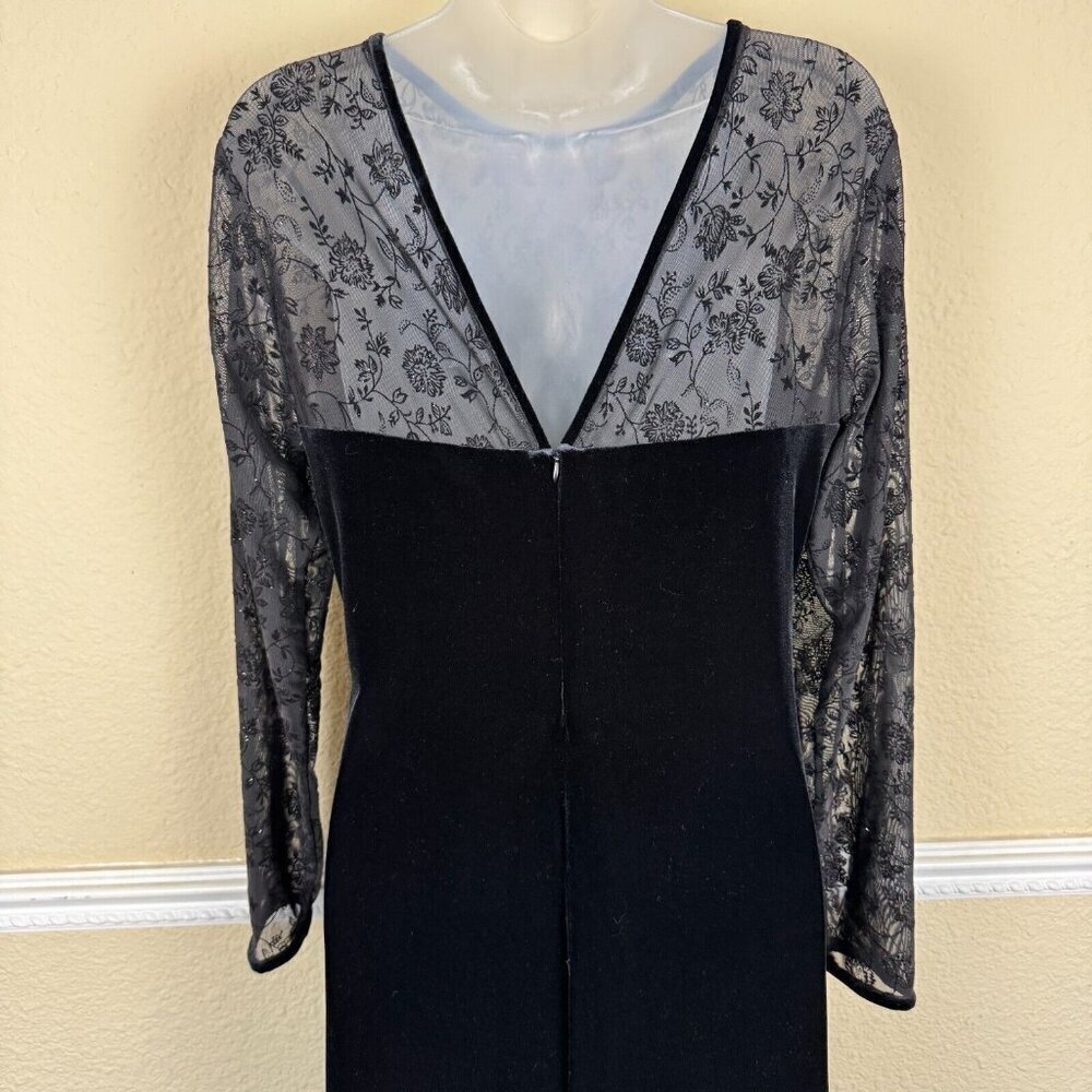 Vintage Black Velvet Maxi Long Dress Sheer Sleeve Whimsigoth Y2K Size 10 - Picture 4 of 11